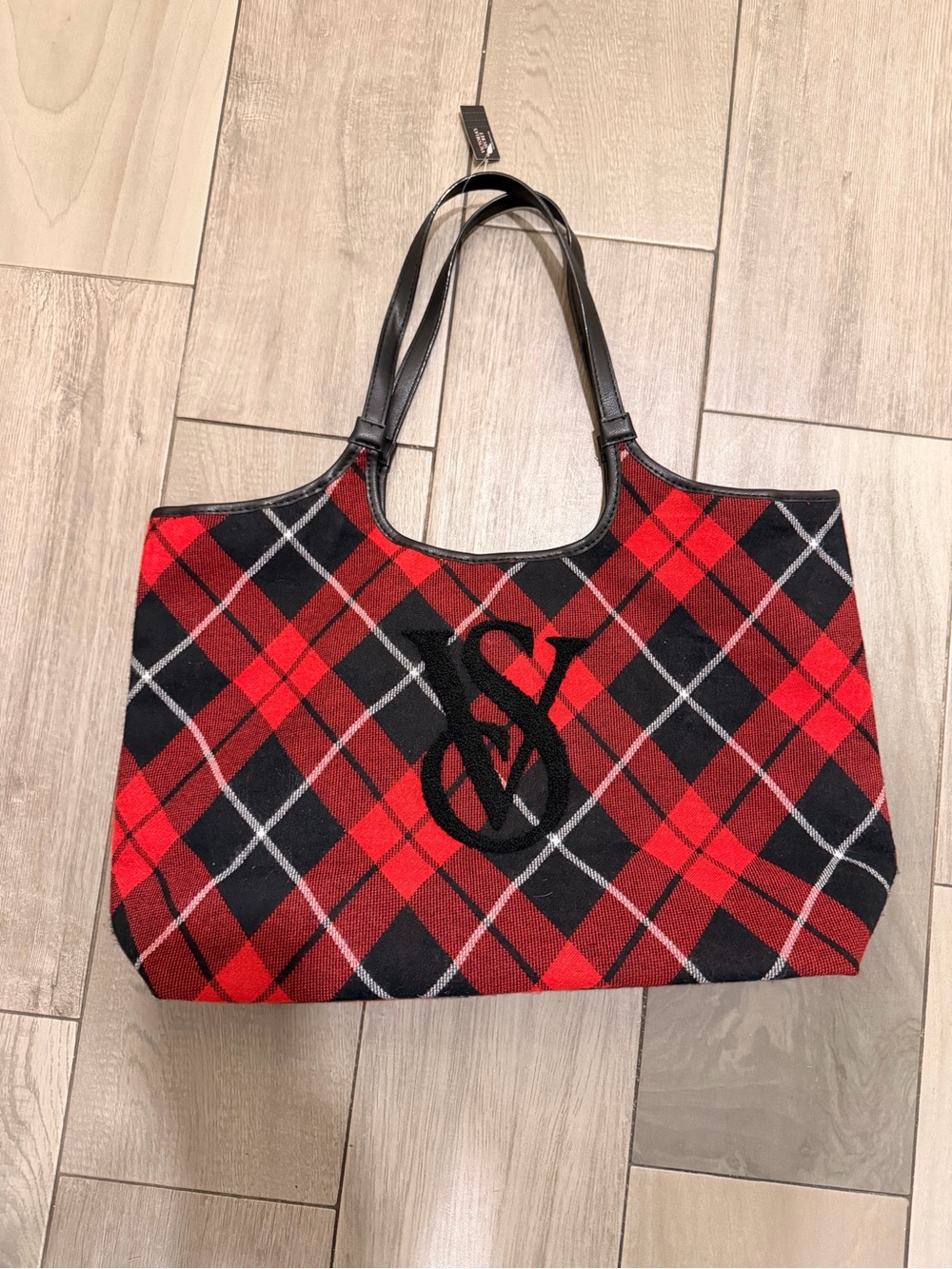 VS Plaid Red & Black Tote Bag with Monogram Accent